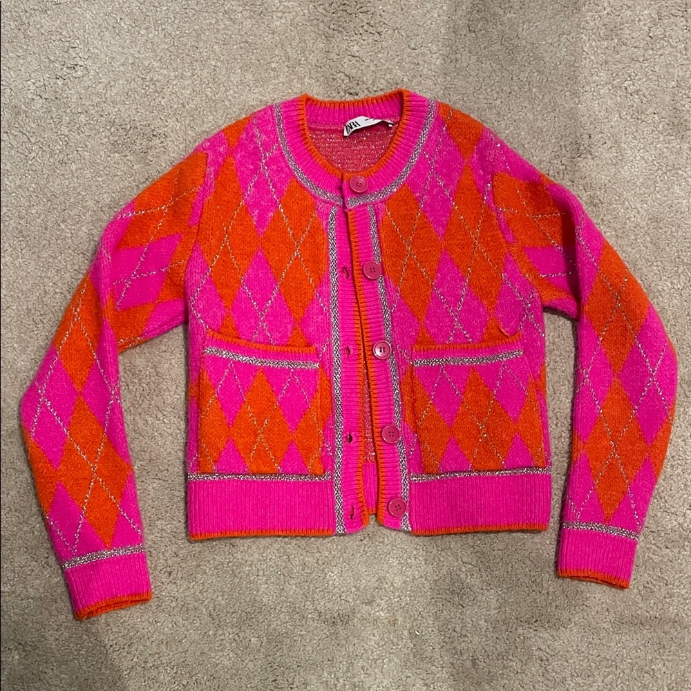 Zara Pink and Orange Argyle Button Cardigan